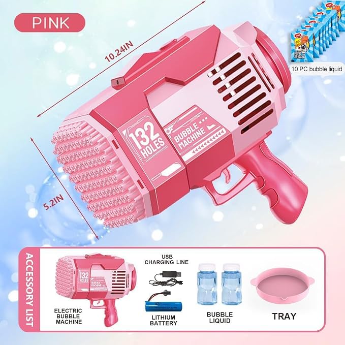 Upgraded 132 Holes Bubble Machine Gun,Bazooka Bubble Machine,Rocket Bubble Gun Bubble Machine,Summer Toys Bubble Blaster Maker for Kids, Wedding, Birthday Gift (Pink)
