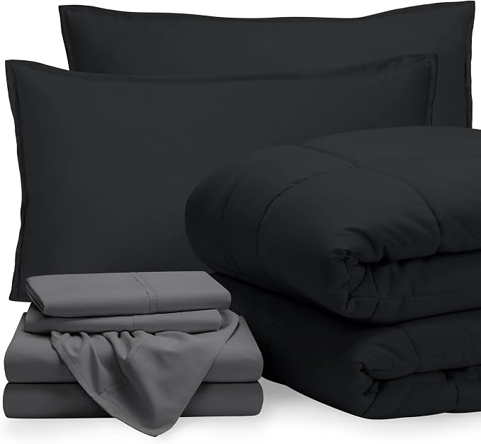 Bare Home Bed-in-A-Bag 7 Piece Comforter & Sheet Set - Queen - Goose Down Alternative - Ultra-Soft 1800 Premium Bedding Set (Queen, Black/Grey)