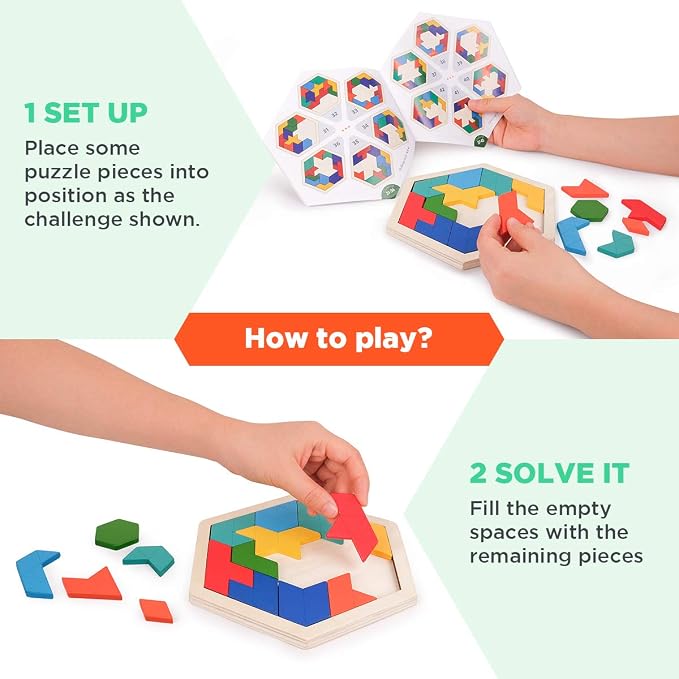 Vanmor Wooden Tangram Puzzle Brain Teaser for Kids Ages 3-8 & Adults, Shape Pattern Block Geometric Logic IQ Game with 60 Challenges, Montessori STEM Educational Gift Toy