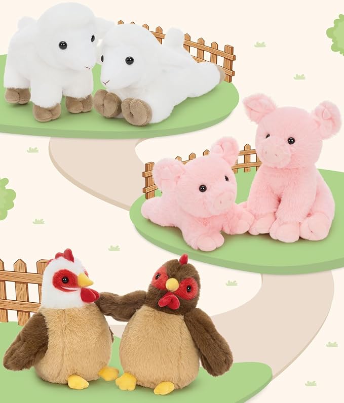 Tezituor Farm Animal Stuffed Animals 6 Pack, 8 Inch Plush Toys Bulk with Chicken Pig Lamb, Soft Barnyard Animal Plushies for Kids Toddlers, Farm Theme Party Favors, Birthday Gifts, Classroom Prizes