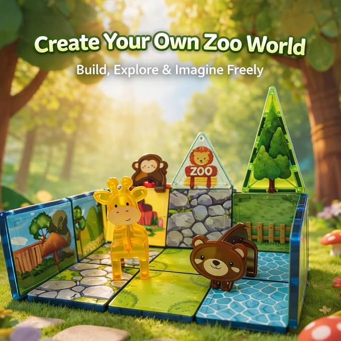 LATI Magnetic Tiles Building Set, Zoo World Animal Magnet Blocks with Giraffe, Lion & Bear, STEM Build & Play Toy for Kids Ages 3-8, Educational Gift for Boys & Girls