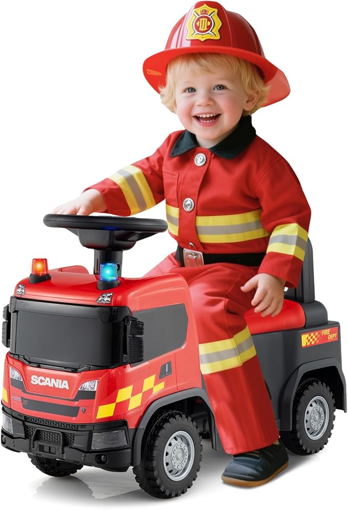 Costzon Ride On Push Car, Licensed Scania Fire Truck for Toddlers with Sirens, Horn, Music, Lights, Under Seat Storage, Foot-to-Floor Sliding Car, Kids Ride On Toys for Boys Girls 18+ Months
