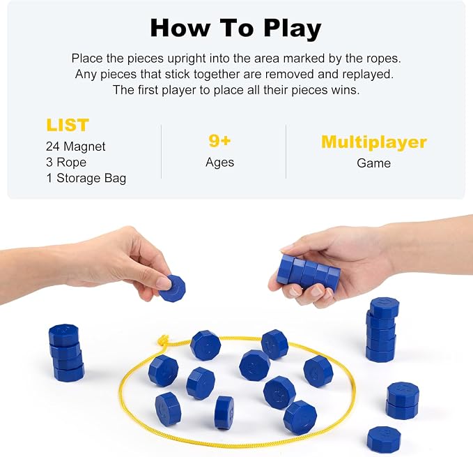 Magnetic Chess Game with 24 Full-Size Stones, Magnet Game with 3 String & Portable Storage Bag, Strategy Board Game for Family Game Night, Indoor Outdoor Use for Kids Adults