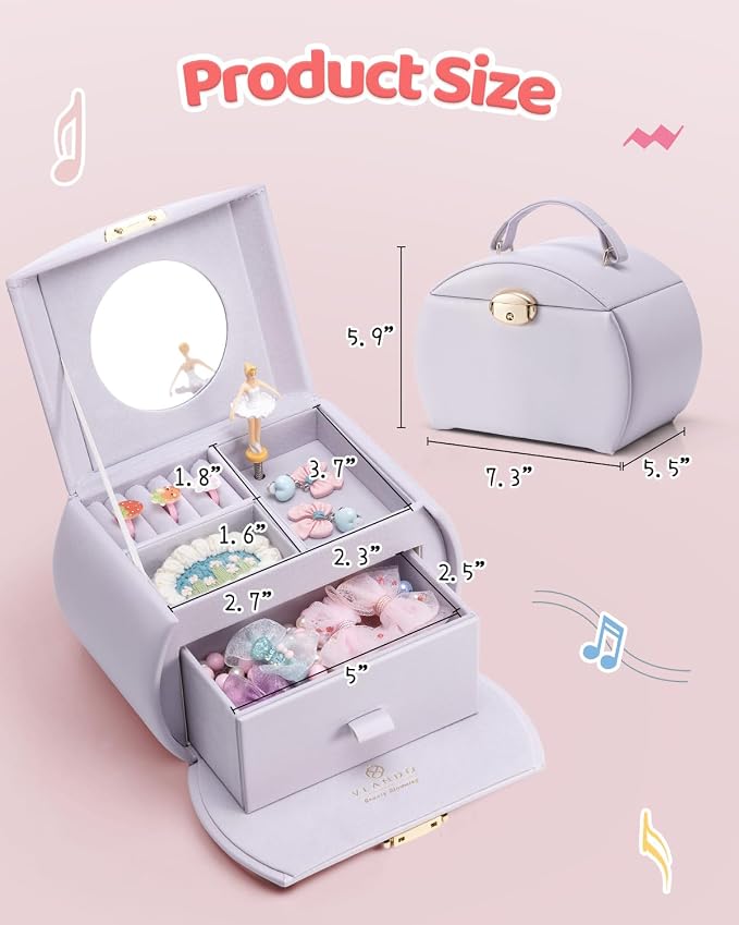 VLANDO Kids Musical Jewelry Box for Girls with Drawer, Music Box with Ballerina and Stickers for Birthday Bedroom Decor, Valentines Day Gifts for Daughter Girls Kids - Light Purple