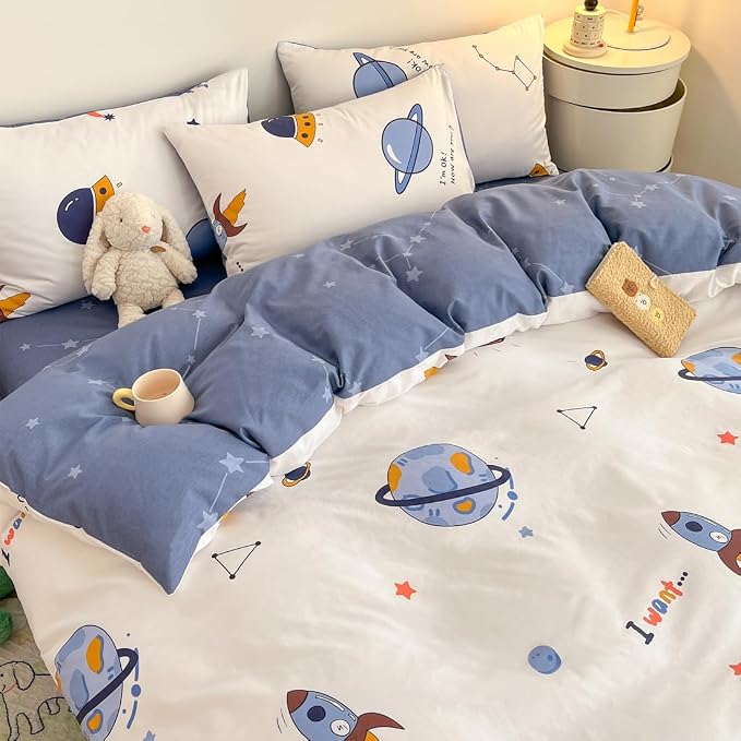 LIWHENHAO Space Duvet Cover Set Queen 100% Cotton Bedding Cartoon Astronaut Rocket Galaxy Print on White 1 Star Comforter Cover Full Zipper Closure 2 Pillowcases for Kids Girls Boys Woman