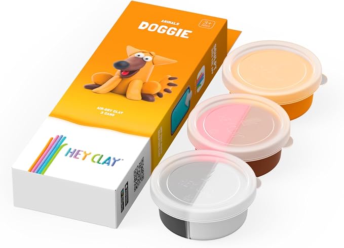 Hey Clay Animals - Claymate Doggie - Colorful Modeling Air Dry Clay for Kids - Air Dry Clay Kit 3 Cans with Fun Interactive App