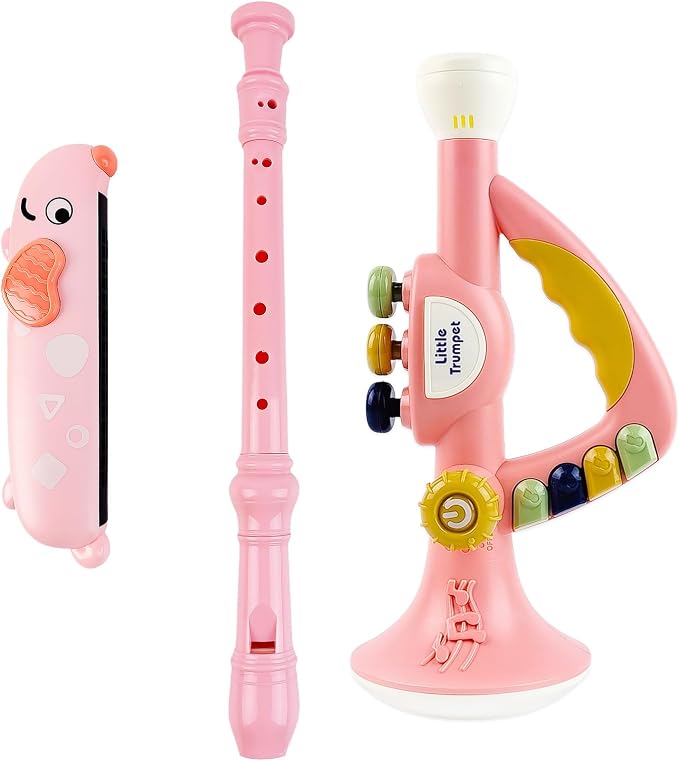 Toddler Musical Instruments Toy Trumpet, Harmonica, Recorder Flute for Kids Baby, Musical Toys Set for Children Boys Girls Ages 2 3 4 5, Pink (Pink)