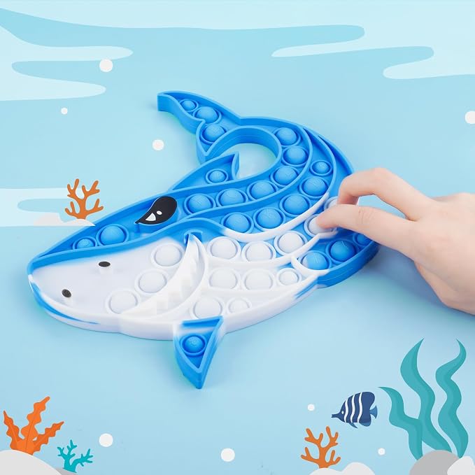 Shark Pop Fidget Toy for Kids & Adults, 8.74"x7.87" Large Silicone Sensory Bubble Toy for Stress Relief & Focus, Tie-Dye Blue Push Popper for ADHD Autism Anxiety, Reusable & Washable Press Toy