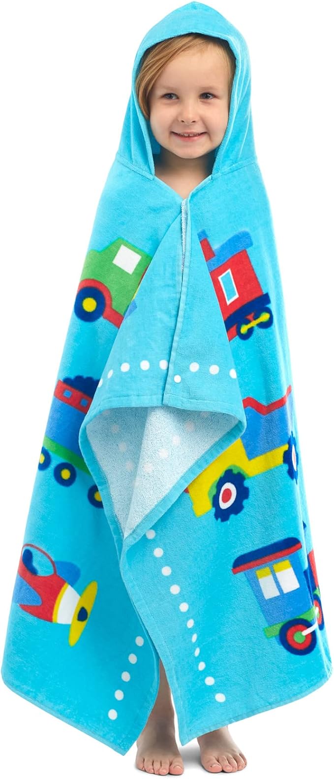 Wildkin Kids Hooded Beach Towel – 100% Cotton, Snap Front for Bath, Pool & Beach - Trains, Planes & Trucks