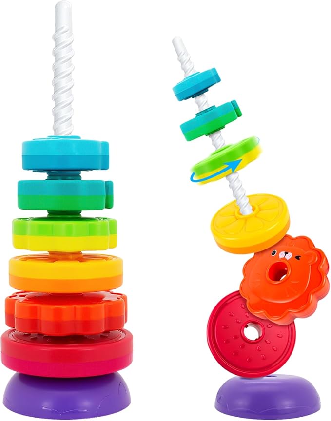 BYFWH Spinning Stacking Toys for Babies 12+ Month Rainbow Ring Flowers Animals Fruits Theme Stacker ABS Toys for Toddlers 1-3 Montessori Educational Learning Sensory Toy,Stacking Toy for Kids