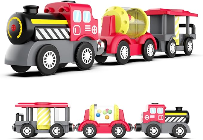 SteamBuilder Battery Powered Train for Wooden Tracks – Red Classic Steam Locomotive with 3 Magnetic Cars – Lights & Sounds – Compatible with Brio, Thomas – Train Toys for Toddlers Ages 3+