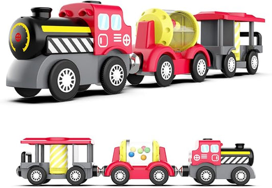 SteamBuilder Battery Powered Train for Wooden Tracks – Red Classic Steam Locomotive with 3 Magnetic Cars – Lights & Sounds – Compatible with Brio, Thomas – Train Toys for Toddlers Ages 3+