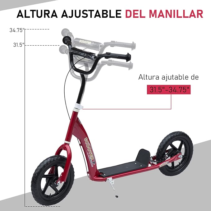 HOMCOM Kick Scooter for Kids 5-12 Years Old, Big Wheel Kids Scooter with Adjustable Height Handlebar, 12" EVA Tyres, Non-Slip Footplate, Rear Brake