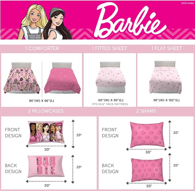 Franco Barbie Barbicore Bedding Super Soft Comforter and Sheet Set with Sham, 7 Piece Queen Size, (Official Licensed Product)