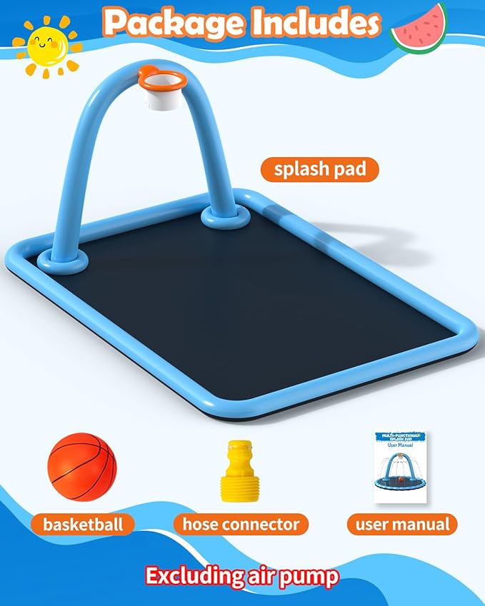 Splash Pad for Kids & Dogs, 110'' Large Sprinkler Pad Water Toys with Basketball Hoop, Thickened Non-Slip Splash Mat, Foldable Play Pool & Outdoor Summer Toys Ages 4-12 (110" Splash Pad)