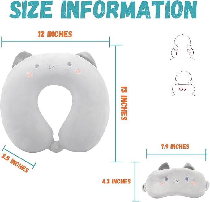 Kids Neck Pillow for Travel with Sleep Eye Mask, Cute Travel Neck Pillow, Memory Foam Flight Sleeping Headrest Pillow for Boys & Girls, Airplane, Train, Car, Home Use - Grey Cat