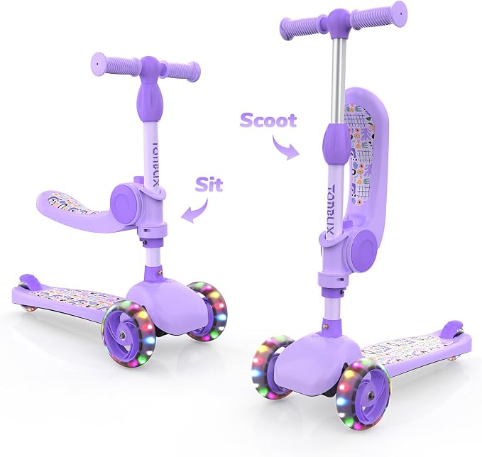 TONBUX Kids Scooter with Seat, 3 Wheels Scooter with PU Luminous Wheels, Non-Slip Handle and Wide Deck, Sensitive Brakes, 4-Level Adjustable Height, Scooters for Kids 2–8 Years
