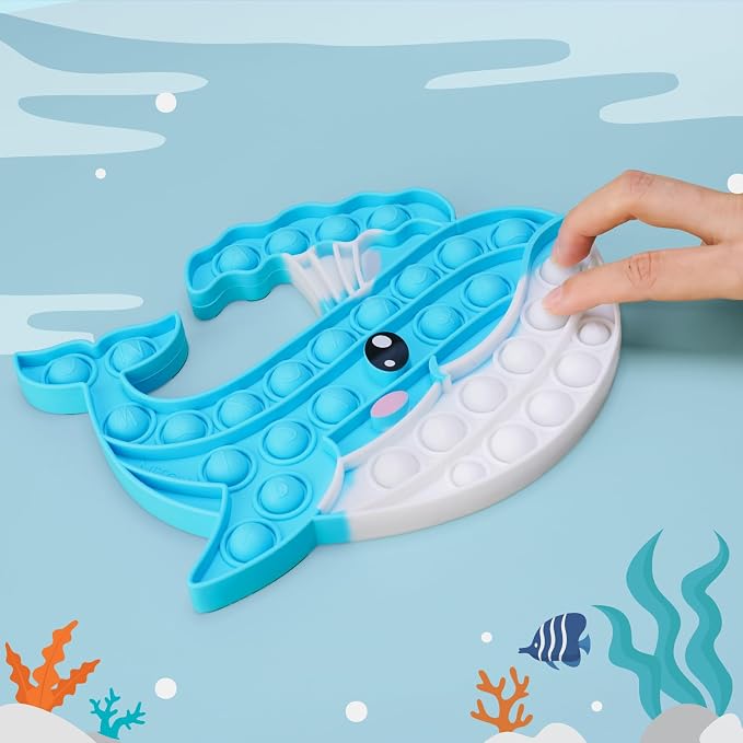 Whale Pop Fidget Toy for Kids and Adults, Large Silicone Sensory Bubble Toy for Stress Relief and Focus, Calming Tie-Dye Blue Push Popper for ADHD Autism Anxiety, Reusable and Washable Press Toy