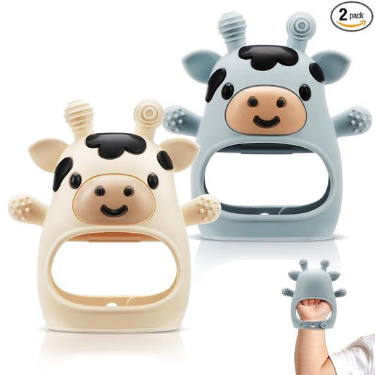 TOHIBEE 2 Packs Baby Teething Toys for 0-6 6-12 Months, Food Grade Silicone Adjustable Cow Teething Mitten, Chew Teether Toys for Teething Pain Relief, Baby and New Born Essentials, Blue & White