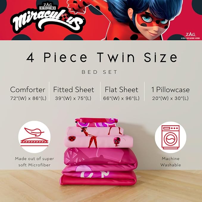 Miraculous: Tales of Ladybug and Cat Noir Kids Bedding Super Soft Comforter and Sheet Set, 5 Piece Full Size, (Officially Licensed Product)