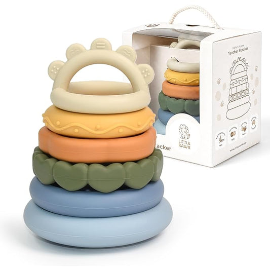 LITTLE RAWR 2-in-1 Baby Stacking Rings & Teething Toys, Food Grade Silicone Montessori Stacking Toy for Babies 6-12 Months, Sensory Learning & Fine Motor Skills Toy, Baby Gift for Boys Girls (Sun)