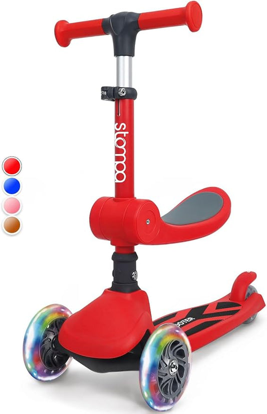 Stompa Kids Scooter 2-in-1 Light Up 3 Wheel Scooters with 4 Levels Adjustable Handlebar, Foldable Seat, Widen Non-Slip Deck for Girls & Boys Max 110 Lbs