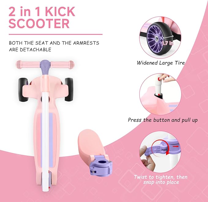 2 in 1 Kick Scooter with Removable Seat, 3 LED Wheels Kick Scooter for Kids, 4 Adjustable Height & Foldable Design Toddler Scooters Sit or Stand Ride for Boys & Girls 2-10 Years Old
