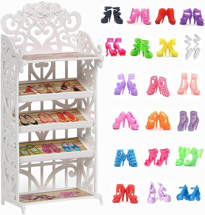 1 Doll Shoes Rack + 20 Pairs Doll Shoes Different Assorted Colors High Heel Shoes Doll Boots Flat Shoes Set Replacement for 11.5 inch Doll (Doll Rack & Shoes)