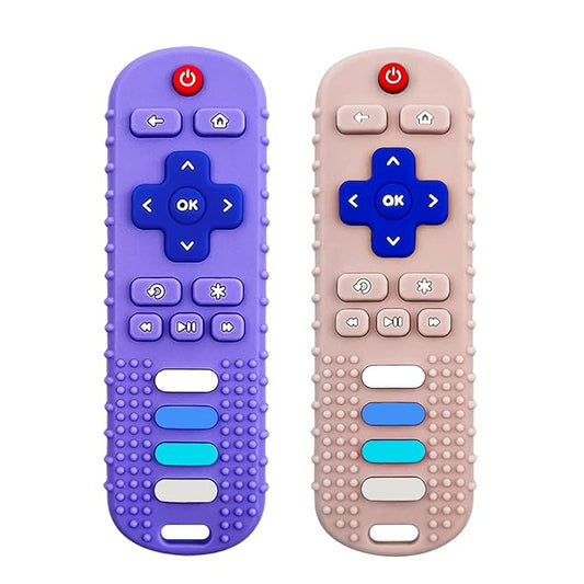 ROBBEAR Baby Teething Toys, Food Grade Silicone Teether for Babies 3 6 12 18 Months, TV Remote Shape Toddlers Chew Toys, Freezer BPA Free (Purple+Khaki)