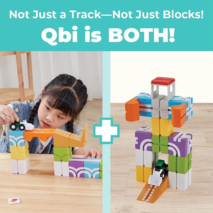 QBI Magnetic Blocks for Toddlers Ages 3+ | STEM Magnetic Block Tracks with Wheel Bulldozer & Tiles | 3D Colorful Magnet Building Blocks for Boys & Girls | Early Learning Sensory Toy – 21 Pieces