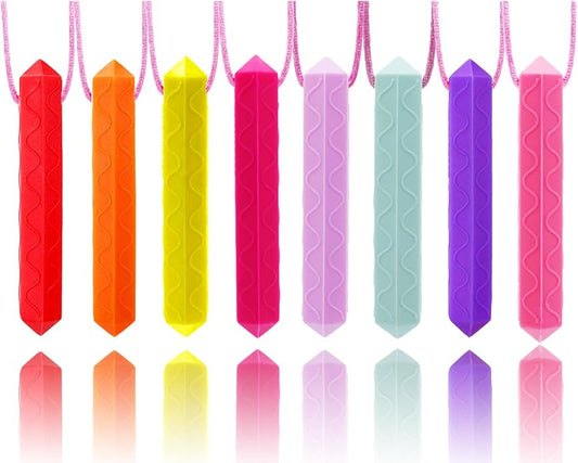 Sensory Chew Necklace, 8 Pack Diamond Chew Necklaces for Sensory Kids, Made from Food Grade Silicone for for Autistic, ADHD, Oral Motor Boys and Girls Children (Rainbow Color)