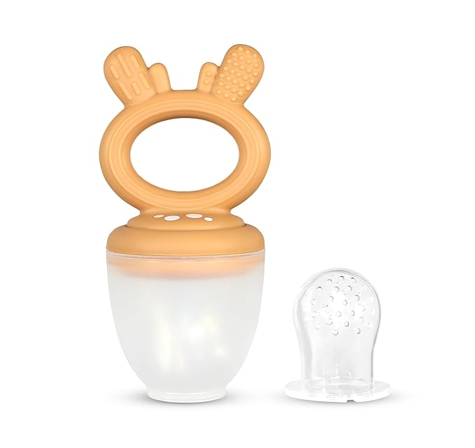 RaZbaby Baby Solids & Frozen Fruit Feeder Pacifier, Infant Teether Toy 6M+, BPA-Free Silicone Pouch & Nipple, Safely Introduce Solids, Natural Teething Relief, Dishwasher Safe, Freezable – Deer