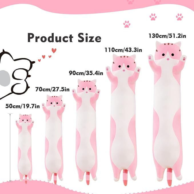 Long Cat Plush Pillow, 27.6in Cute Pink Cat Plushie Stuffed Animals Body Pillow, Kawaii Kitten Soft Plushie Doll Toy Birthday Gift for Children Girlfriend