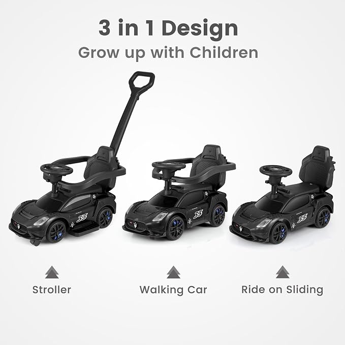 OLAKIDS Push Car for Toddlers, Licensed Maserati 3 in 1 Baby Ride on Sliding with Parent Control Handle, Universal Wheels Safe Guardrails Under Seat Storage, Kids Walking Toy with Music Horn (Black)