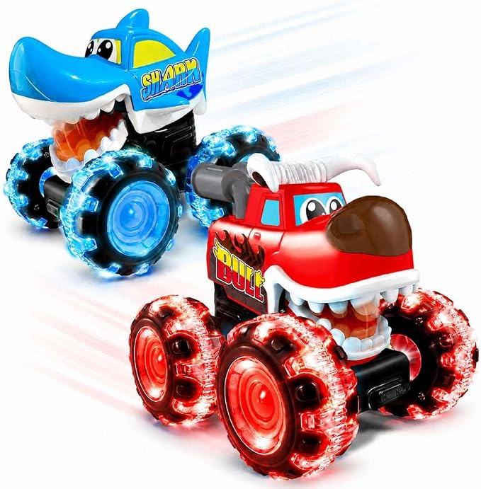 stargo 2 Pack Monster Truck Toy - Motion Activated Pull Back Light-Up Cars for Toddlers - Monster Shark & Bull with Lightning Wheels, Press & Go Cars for Easter Basket Stuffers & Boy Birthday Gifts