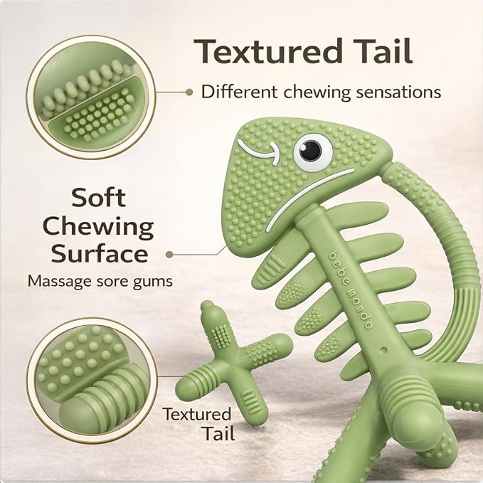 3 in 1 Infant Toys, Baby Teething Toys 3–6 6–12 Months, Teethers for Babies 0–3–6–12 Months for Teething Relief, Baby Gift, Baby Teether Toys, Silicone Sensory Toys, USA Patent Pending, Fish (Olive)