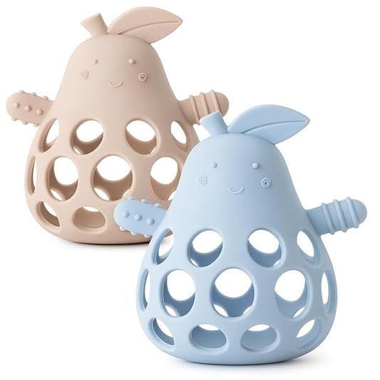 Baby Teething Toy Silicone Teether for Infants, Pear-Shaped Design with Easy-Grip Hole and Nipple-Shaped Ends for Gum Massage & Sensory Development, BPA-Free Safe Baby Chew Toy YIVEKO-Ivory+Blue