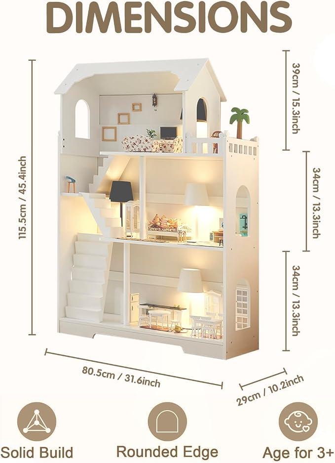 Wooden Dollhouse Bookshelf - Toddler Doll House Bookcase, Extra Space Kids Toy Storage Book Shelf, 3-Tier Children Dollhouse, Pretend Play Toy House (Modern Flat Roof)