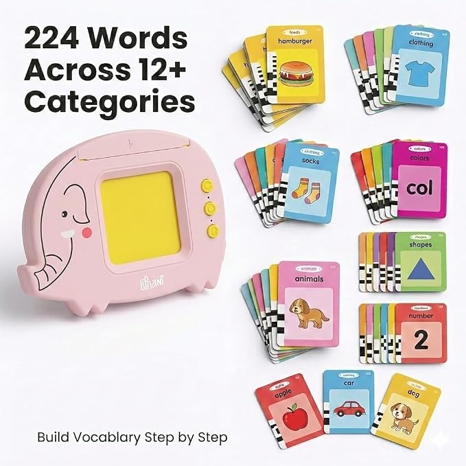 Liphant Talking Flash Cards, Educational Learning Toy for Kids 1-6 Years, 224 Words, Speech Development (Pink)