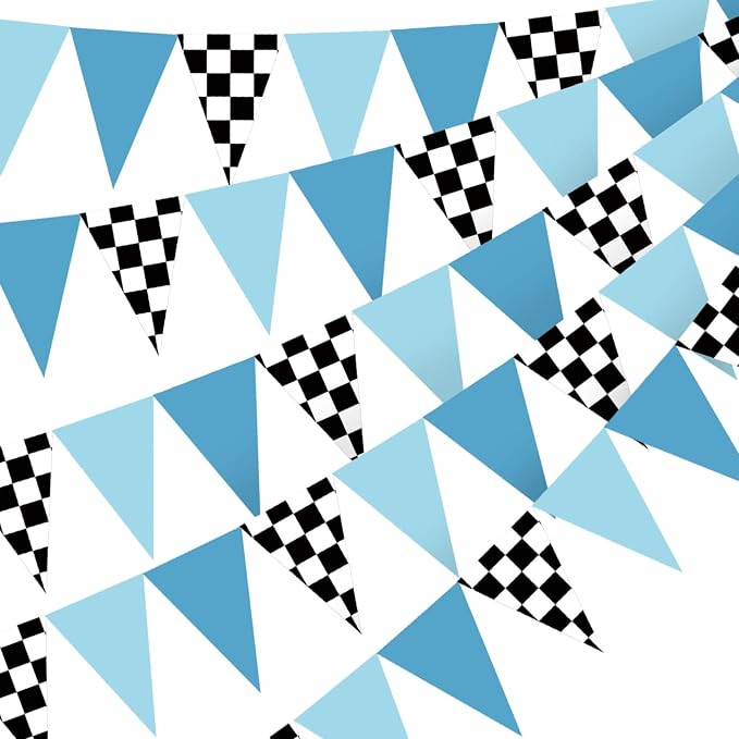 Tiamon 5 Pcs Racing Car Flag Banner Party Decorations Dusty Blue Black with Checkered Triangle 49.2 ft Flag Race Car Pennant Banner Garland Streamer for Birthday Baby Shower 2nd Two Fast Party Supply