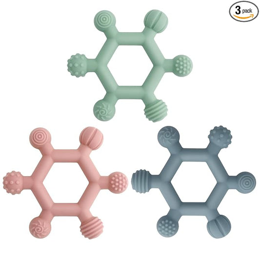 Meartchy 3 Pack Baby Teething Toys, BPA-Free Silicone Baby Teether Toys Teething Relief, Chew Toy for Babies 6-24 Months (Green & Blue & Pale Pink)