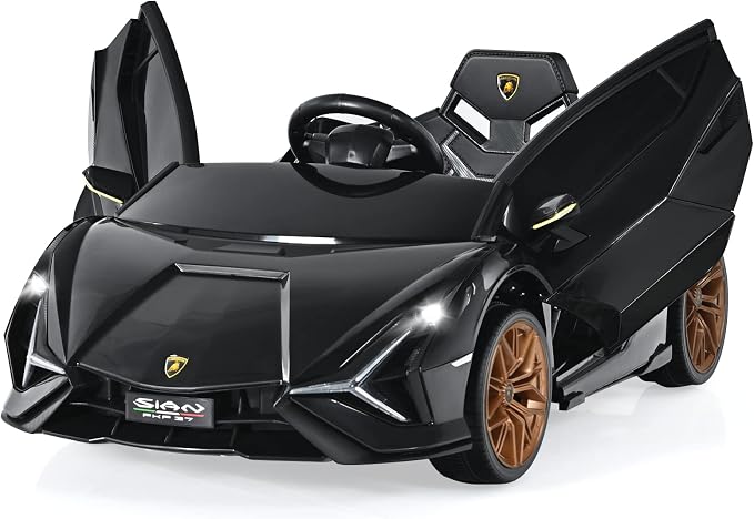 INFANS 12V Licensed Lamborghini Sian Kids Ride On Car with Parent Remote Control, Spring Suspension, MP3 Player, Electric Toy Roadster Carbon Fiber Textured for Toddler (Black Golden)