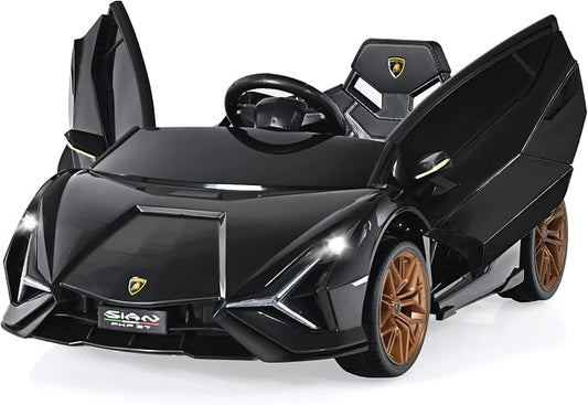 INFANS 12V Licensed Lamborghini Sian Kids Ride On Car with Parent Remote Control, Spring Suspension, MP3 Player, Electric Toy Roadster Carbon Fiber Textured for Toddler (Black Golden)
