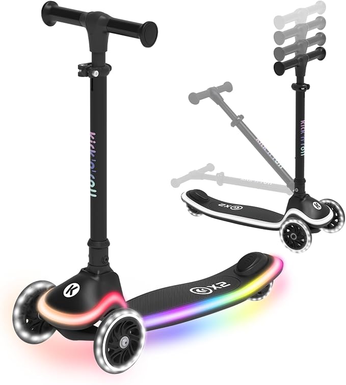 Kicknroll Toddler Scooter 3 Wheel Kids Kick Scooters with Dynamic Light-Up Non-Slip Deck & LED Wheels, 4 Adjustable Height, Foldable, Lean-to-Steer Design for Girls Boys Ages 3-8 Max 110 Lbs