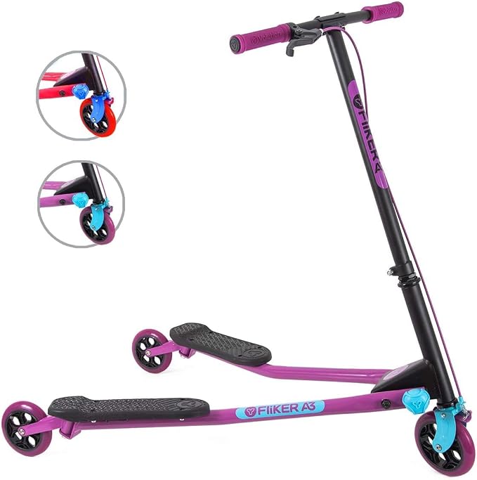 Yvolution Fliker A3 Drift Scooter, 3 Wheels Kids Wiggle Scooter, Foldable, Handbrake, Caster Wheels, for Boys and Girls Aged 7+ Years Old, Max Weight 175lbs