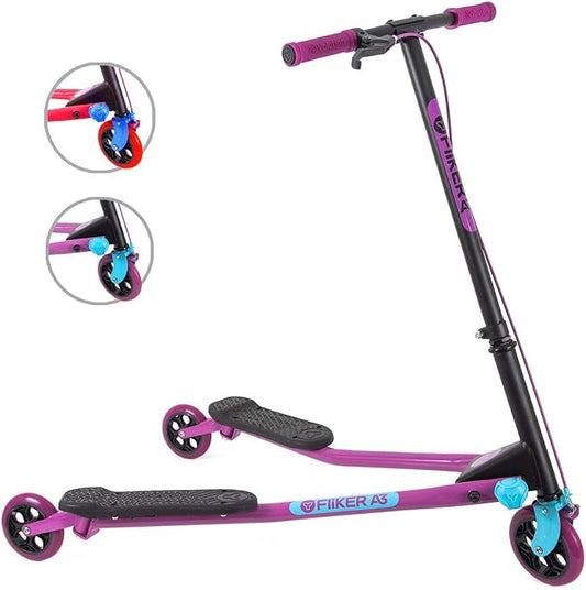 Yvolution Fliker A3 Drift Scooter, 3 Wheels Kids Wiggle Scooter, Foldable, Handbrake, Caster Wheels, for Boys and Girls Aged 7+ Years Old, Max Weight 175lbs