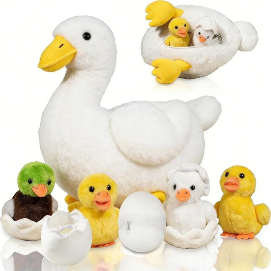 Youthfuljive 7 in 1 Duck Stuffed Animal Plush Duck Toys for Kids Toddlers, 12" Mommy White Stuffed Duck Plush Toy with 4 Baby Ducks Ducklings Eggs Duck Plushie Pillow for Birthday Farm Party