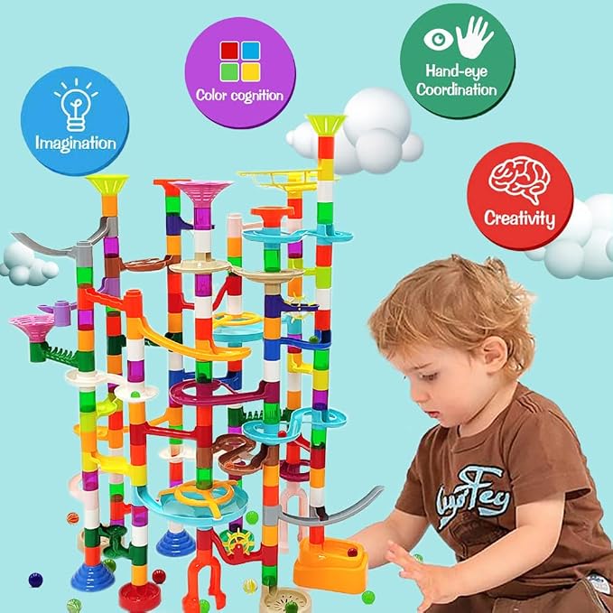 DSHMIXIA Marble Run Marble Maze Race Track with Glowing Marbles for Kids Ages 3-4-8-10 Sturdy Building Toys Kids Games Amazing Fun Gifts (Super)