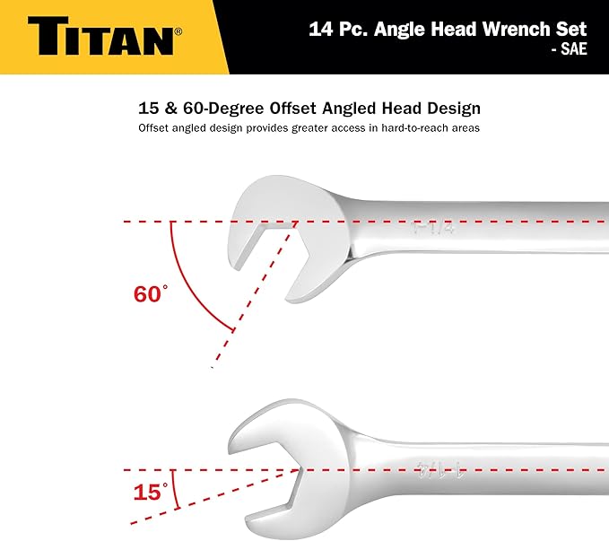 Titan 17283 14-Piece SAE Angle Head Open End Wrench Set, Sizes from 3/8" to 1-1/4", V-Groove Design, Chrome Vanadium Steel Construction