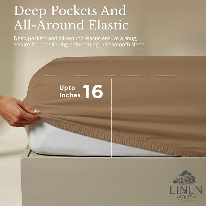 Linen Home 100% Cotton Percale Sheets Queen Size, Earthy Brown, Deep Pocket, 4 Pieces Set - 1 Flat, 1 Deep Pocket Fitted Sheet and 2 Pillowcases, Crisp Cool and Strong Bed Linen